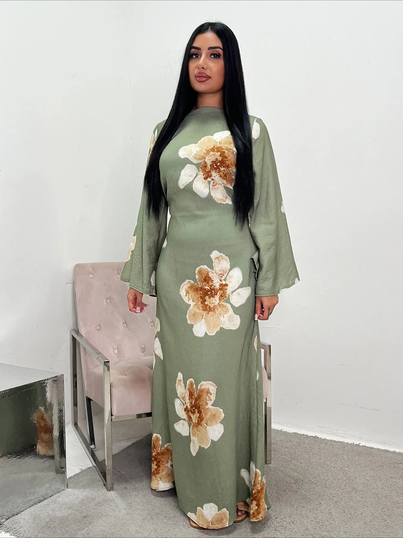 Elariah Floral Print Modest Kaftan Abaya Dress – Long Sleeve Maxi Jalabiya for Eid, Ramadan & Special Occasions