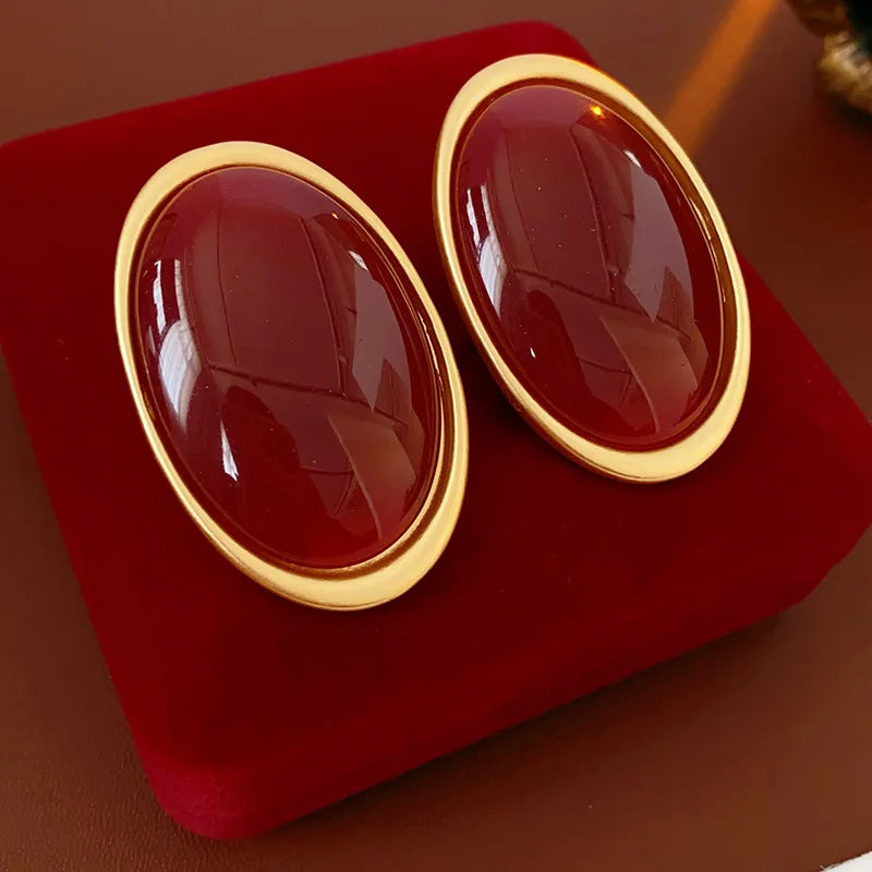 Pendientes Elariah de resina roja vintage – Pendientes grandes geométricos dorados para mujer