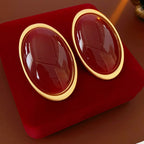 Elariah Vintage Red Resin Oval Stud Earrings – Large Gold-Tone Geometric Statement Earrings for Women