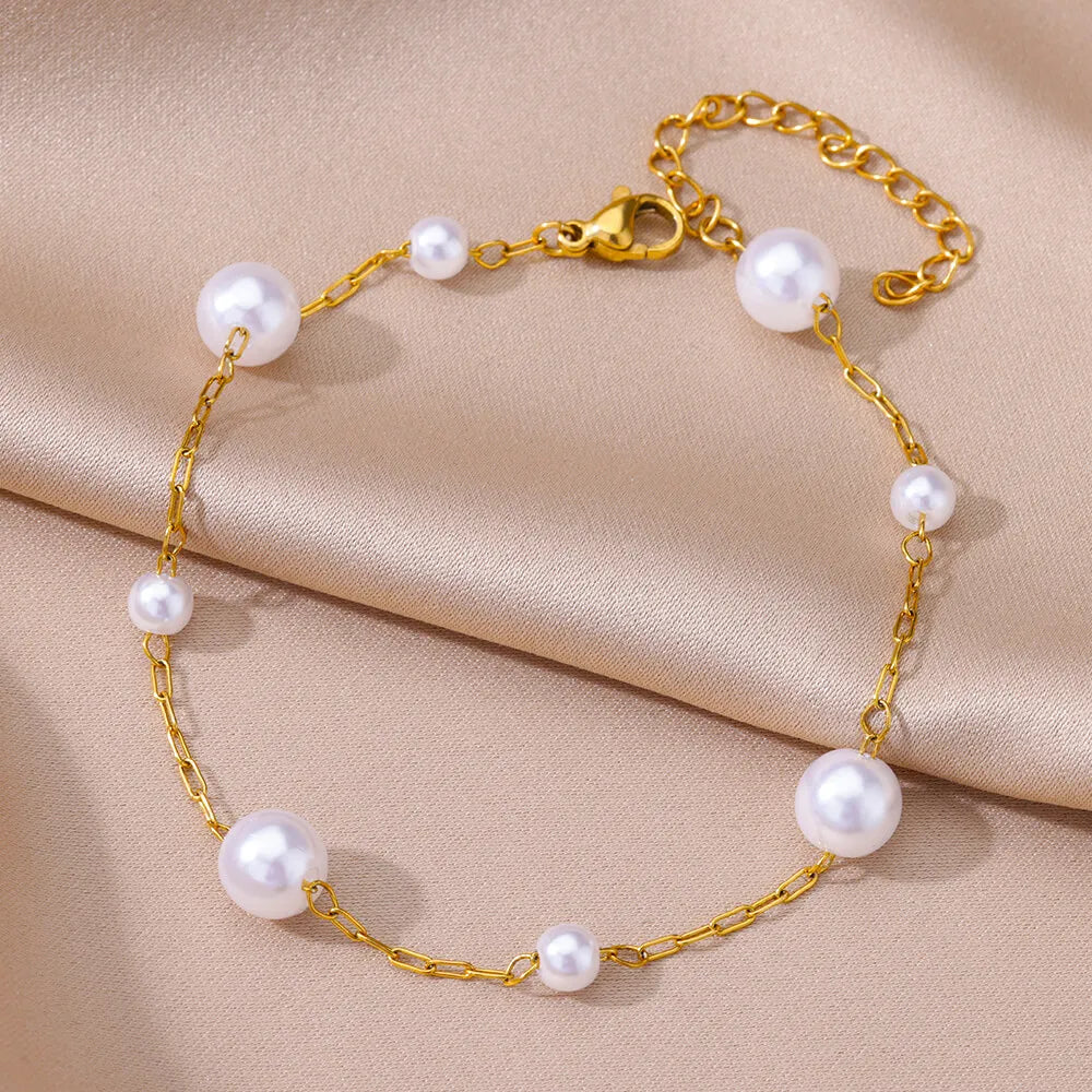 Elariah 18K Gold-Plated Stainless Steel Pearl Anklet for Women – Classic Imitation Pearl Beach Ankle Bracelet