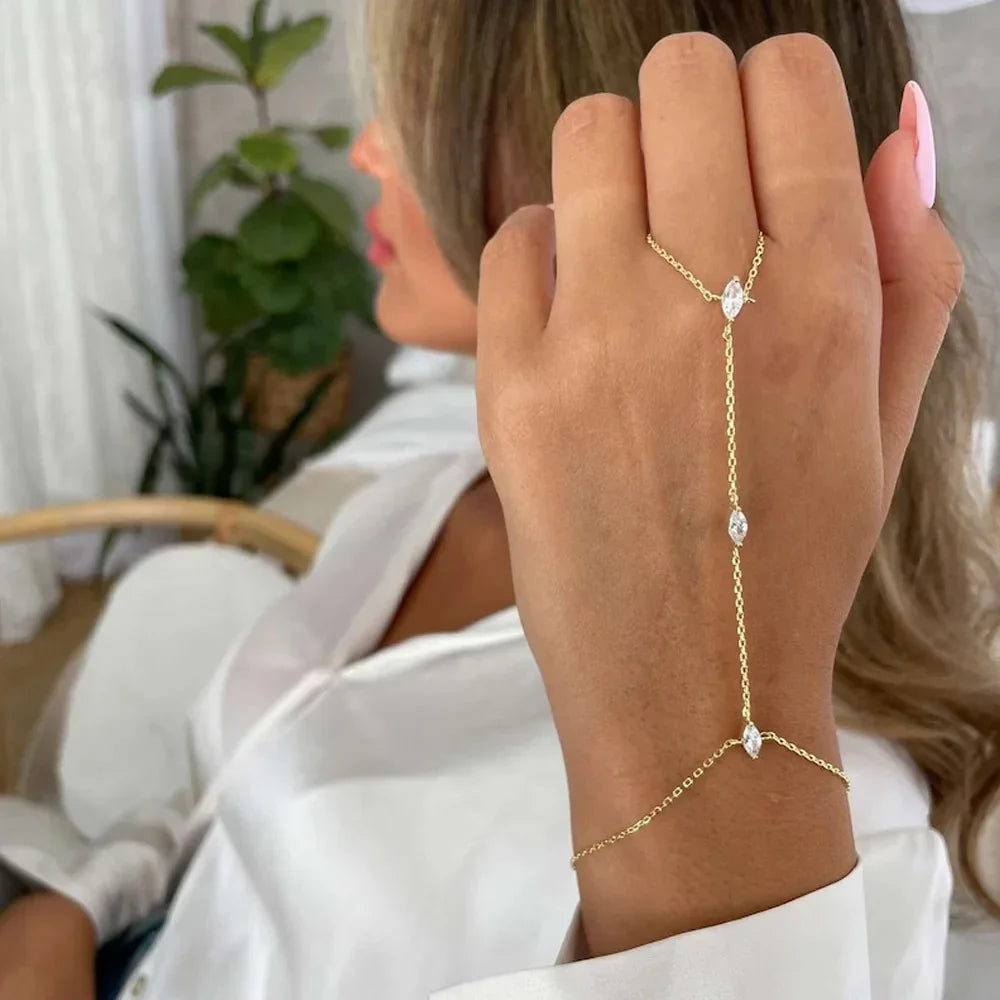 Bohemian Crystal Rhombus Bracelet with Finger Chain – Elegant Party Jewelry for Women
