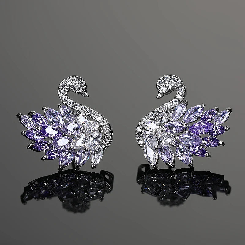 Swan Zircon Stud Earrings for Women – Gold Plated Copper Long Swan Earrings with Micro-Pavé Cubic Zirconia | Elegant Goddess Style Jewelry
