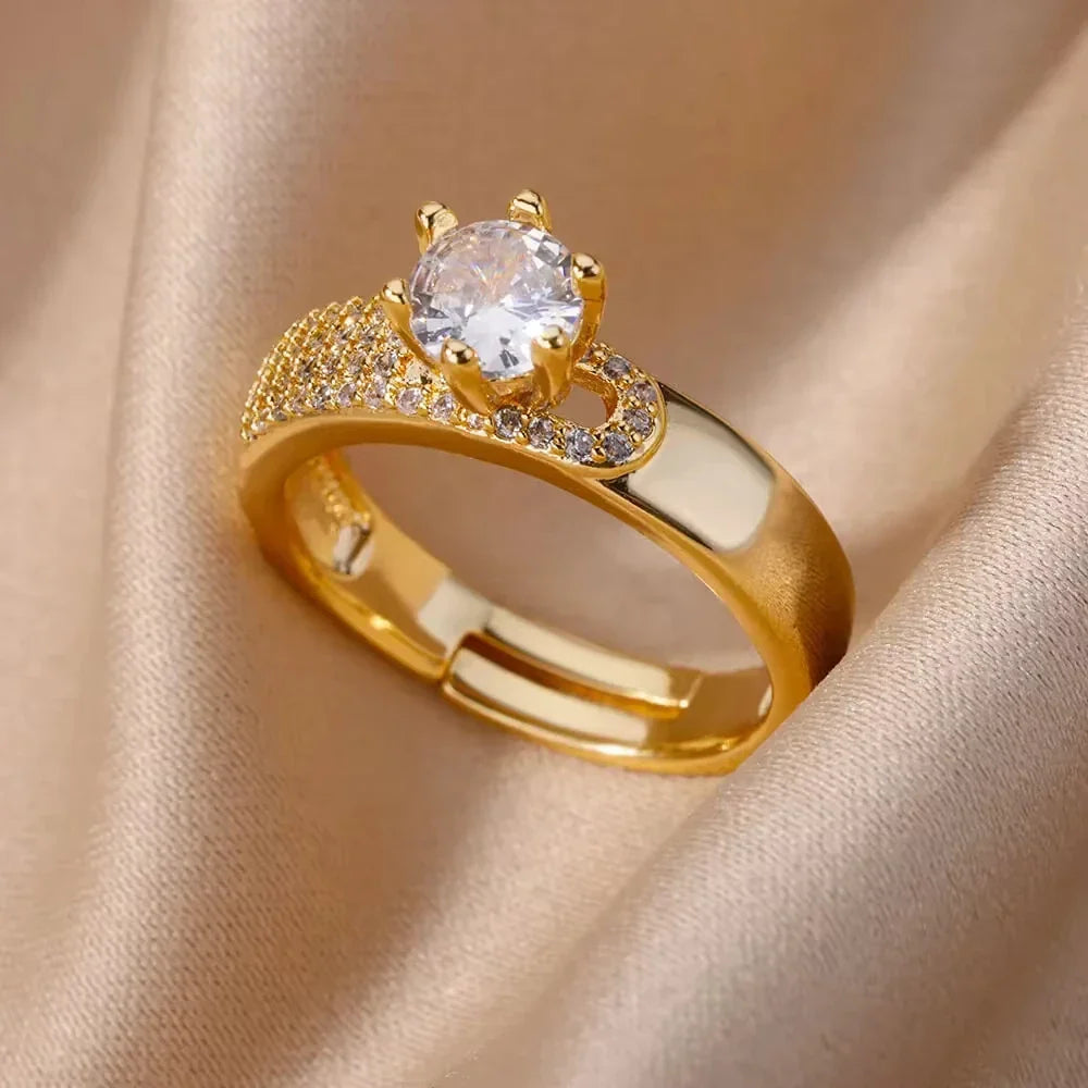 ELARIAH 18K Gold Plated Zircon Geometric Open Ring – Adjustable Stainless Steel Wedding & Party Band for Women