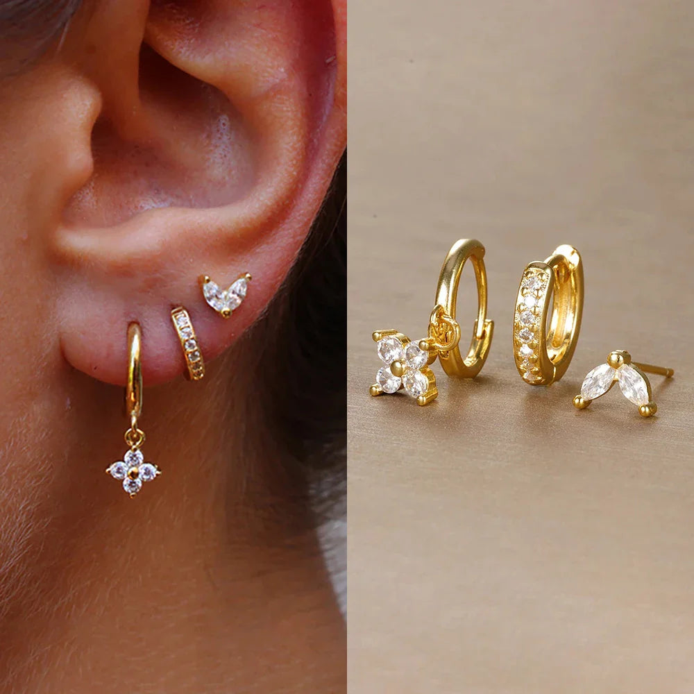 3-Piece Stainless Steel Flower Drop Earrings Set with Cubic Zirconia – Hypoallergenic Floral Dangle Earrings for Women