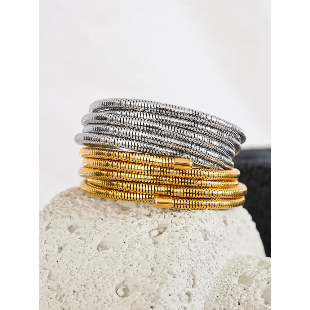 Elariah 18K Gold Plated Stainless Steel Multi-Layer Wrap Cuff Bangle – Waterproof Stackable Open Bracelet