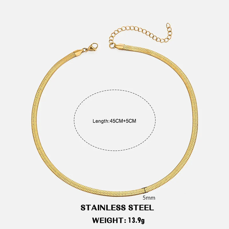 Classic Flat Snake Chain Choker Necklace – Stainless Steel Herringbone Design in Gold & Silver