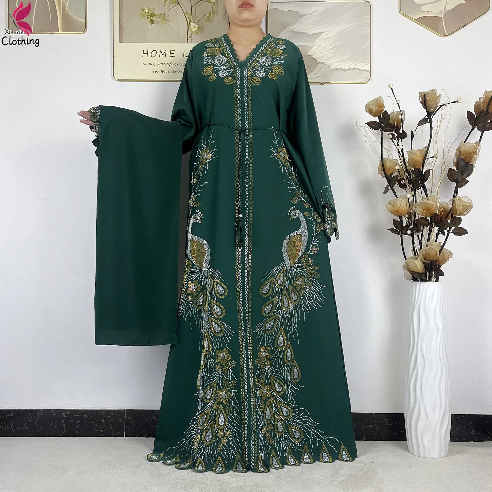 Elariah Diamond Chiffon Modest Abaya Dress – Elegant Long Sleeve Islamic Maxi Robe