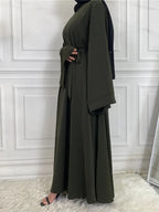 Elegant Modest Maxi Dress with Waist Tie – Long Sleeve Woven Abaya Style Dress for Women (All Season)