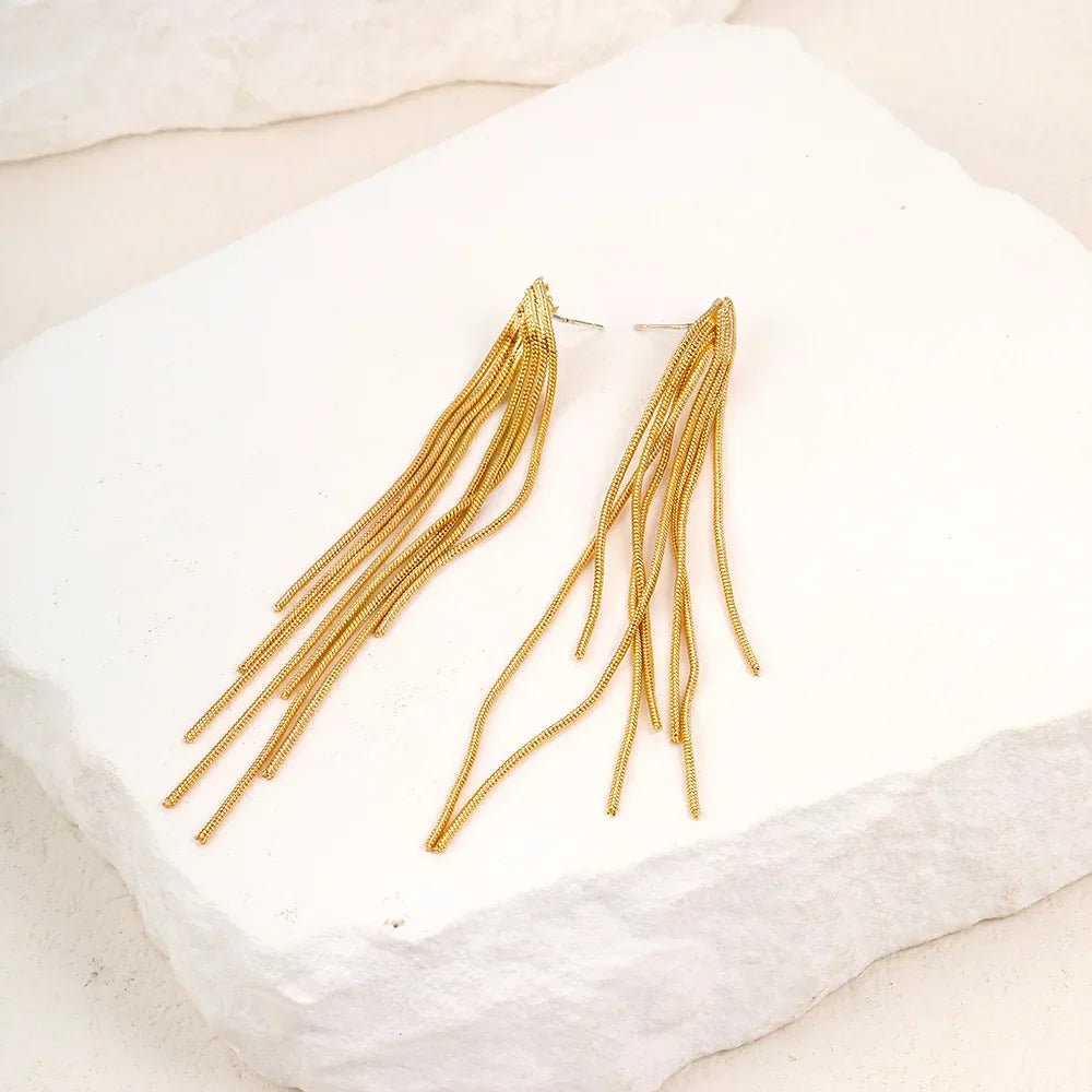 Gold Bling Tassel Statement Earrings – Elegant Long Drop Design for Women
