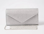 Elariah Shimmer Envelope Clutch Bag – Silver Glitter Evening Handbag with Chain Strap for Weddings & Party Wear