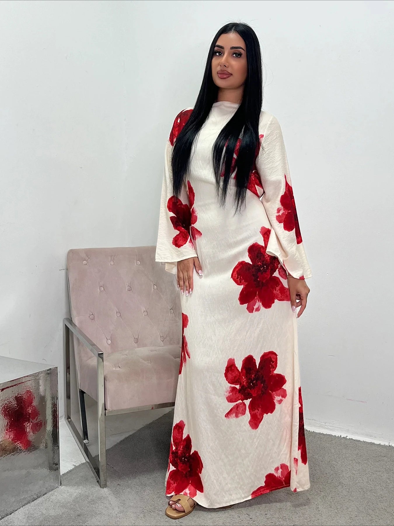 Vestido Abaya modesto con estampado floral Elariah para mujer – Caftán musulmán de manga larga, elegante vestido maxi Jalabiya para Eid, Ramadán y ocasiones especiales