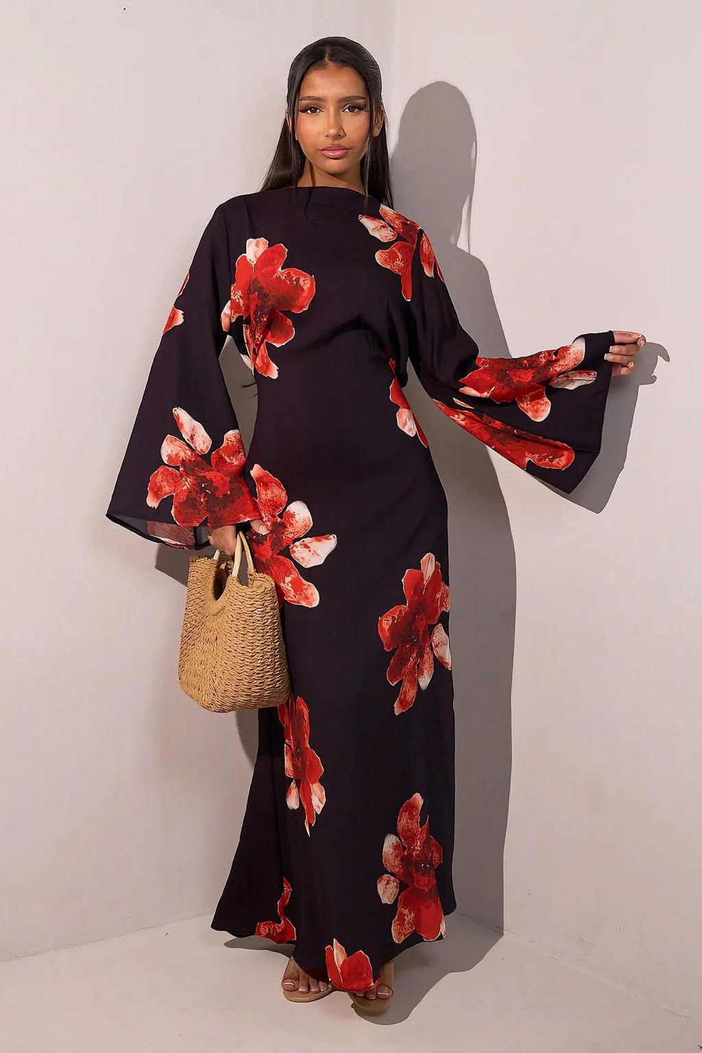 Vestido Abaya modesto con estampado floral Elariah para mujer – Caftán musulmán de manga larga, elegante vestido maxi Jalabiya para Eid, Ramadán y ocasiones especiales