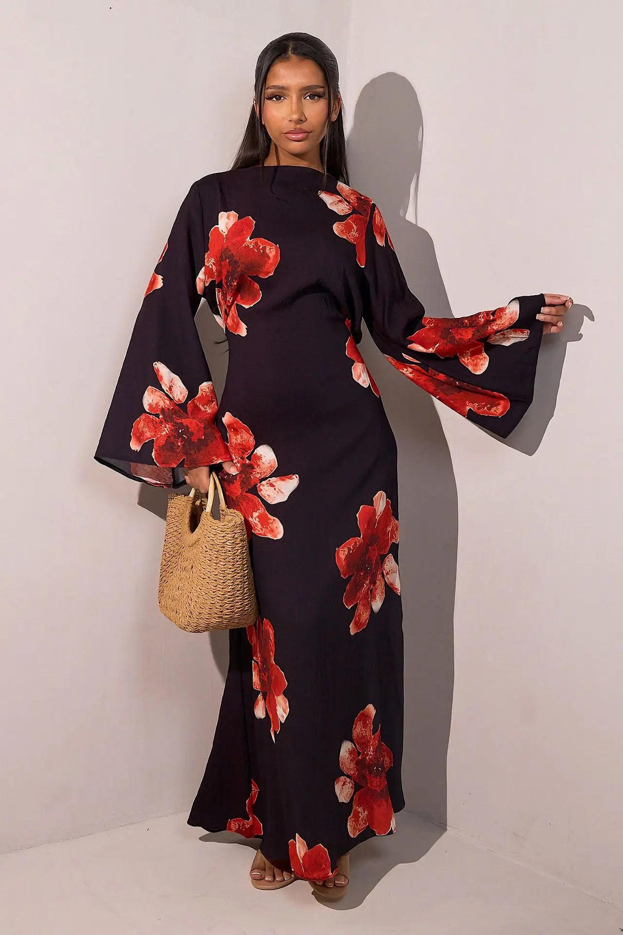 Vestido Abaya modesto con estampado floral Elariah para mujer – Caftán musulmán de manga larga, elegante vestido maxi Jalabiya para Eid, Ramadán y ocasiones especiales