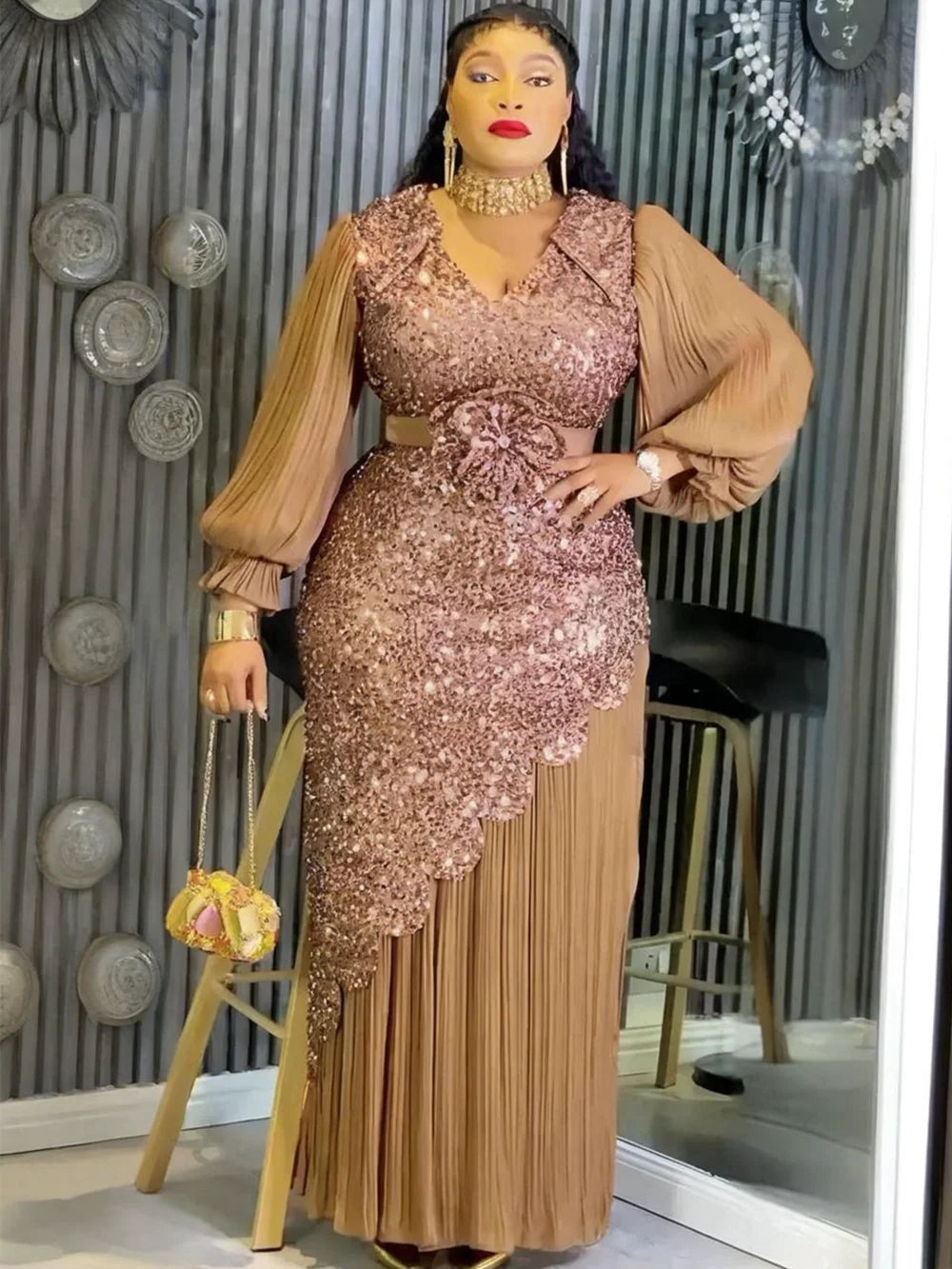 Elariah Plus Size African Sequin Maxi Dress – Elegant Dashiki Inspired Evening Party Gown for Women