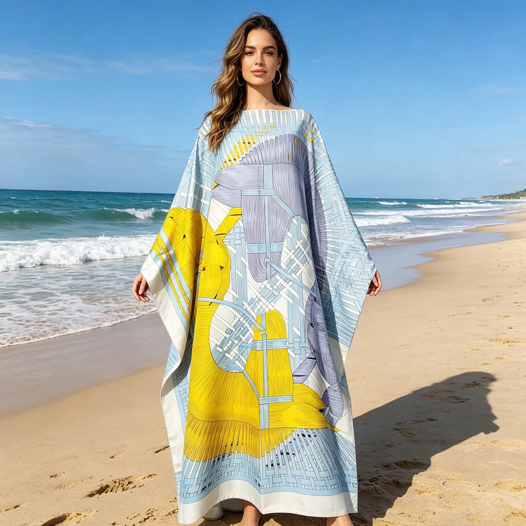 Vestido Kaftan Abaya Elariah de Talla Grande con Estampado Africano para Mujer – Maxi Boubou de Seda Twill Modesto | Talla Única