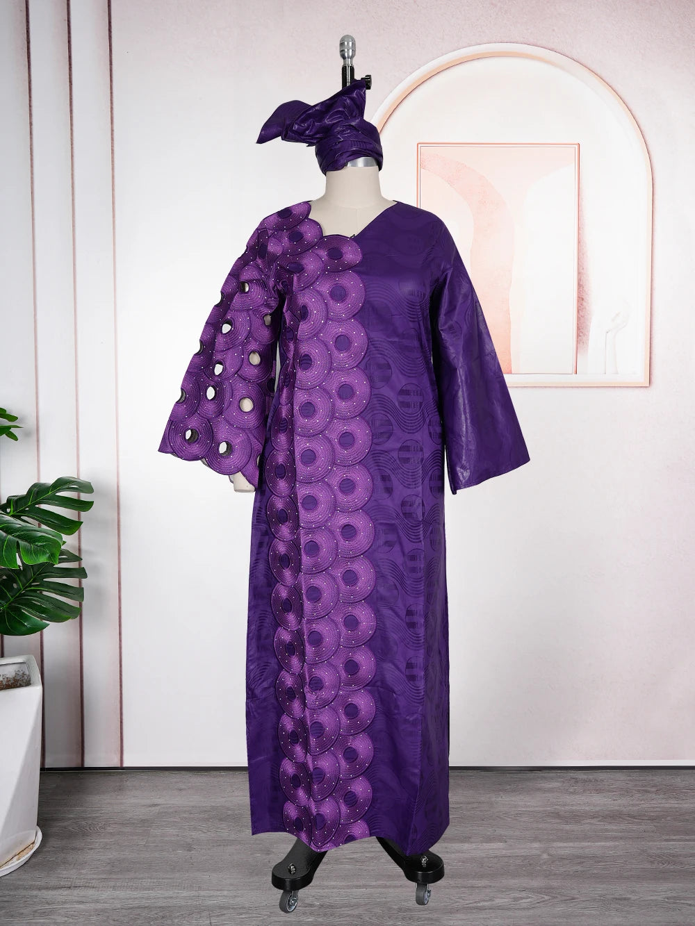 Plus Size African Embroidered Maxi Dress with Headscarf for Women – Dashiki Bazin Style Wedding & Party Dress (L–4XL)