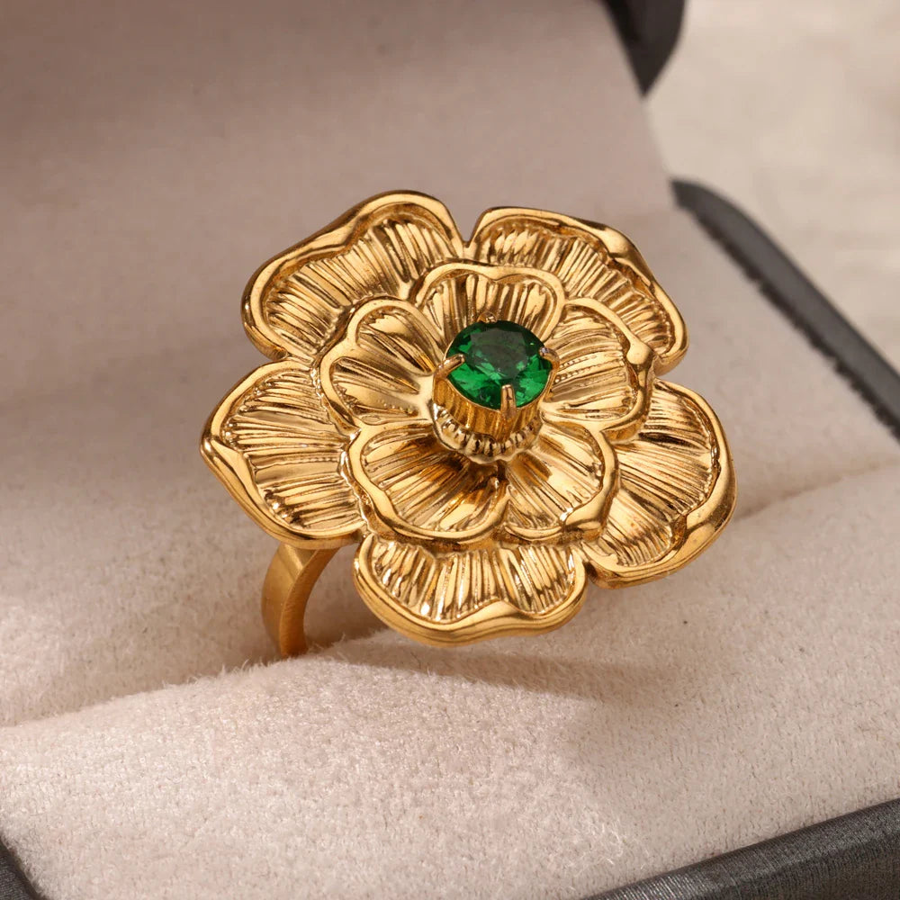 Luxury Gold-Plated Heart Ring with Colorful Zircon Stones – Adjustable Stainless Steel Cocktail Ring for Women