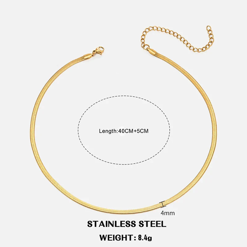 Classic Flat Snake Chain Choker Necklace – Stainless Steel Herringbone Design in Gold & Silver