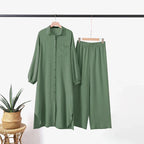 Elariah Modest Co-Ord Abaya Set – Long Sleeve Button Shirt & Wide-Leg Trousers | Casual Islamic Outfit for Women