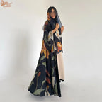 Elariah Women's Floral Print Open Front Abaya with Matching Hijab Scarf – Modest Maxi Cardigan Kaftan, Black Polyester