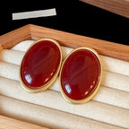 Elariah Vintage Red Resin Oval Stud Earrings – Large Gold-Tone Geometric Statement Earrings for Women