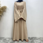 Elegant Modest Maxi Dress with Waist Tie – Long Sleeve Woven Abaya Style Dress for Women (All Season)
