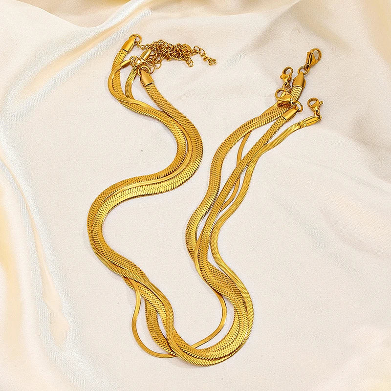 Classic Flat Snake Chain Choker Necklace – Stainless Steel Herringbone Design in Gold & Silver