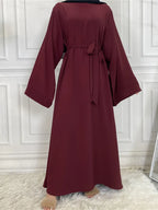 Elegant Modest Maxi Dress with Waist Tie – Long Sleeve Woven Abaya Style Dress for Women (All Season)
