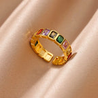 Luxury Gold-Plated Heart Ring with Colorful Zircon Stones – Adjustable Stainless Steel Cocktail Ring for Women