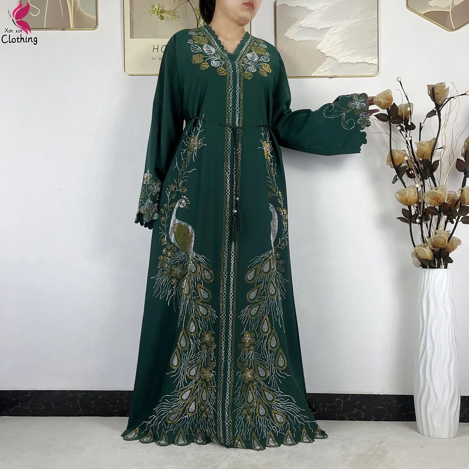 Elariah Diamond Chiffon Modest Abaya Dress – Elegant Long Sleeve Islamic Maxi Robe