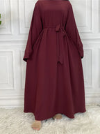 Elegant Modest Maxi Dress with Waist Tie – Long Sleeve Woven Abaya Style Dress for Women (All Season)