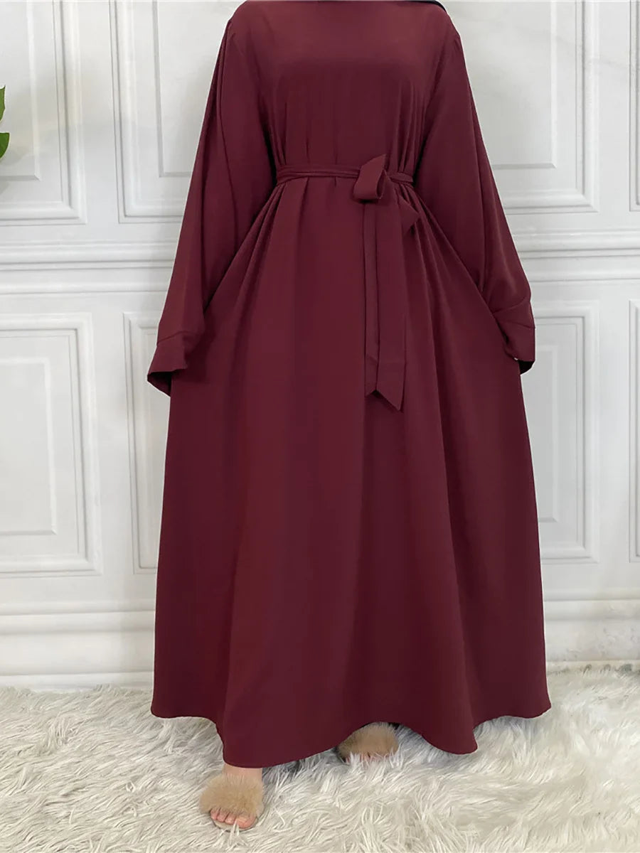 Elegant Modest Maxi Dress with Waist Tie – Long Sleeve Woven Abaya Style Dress for Women (All Season)