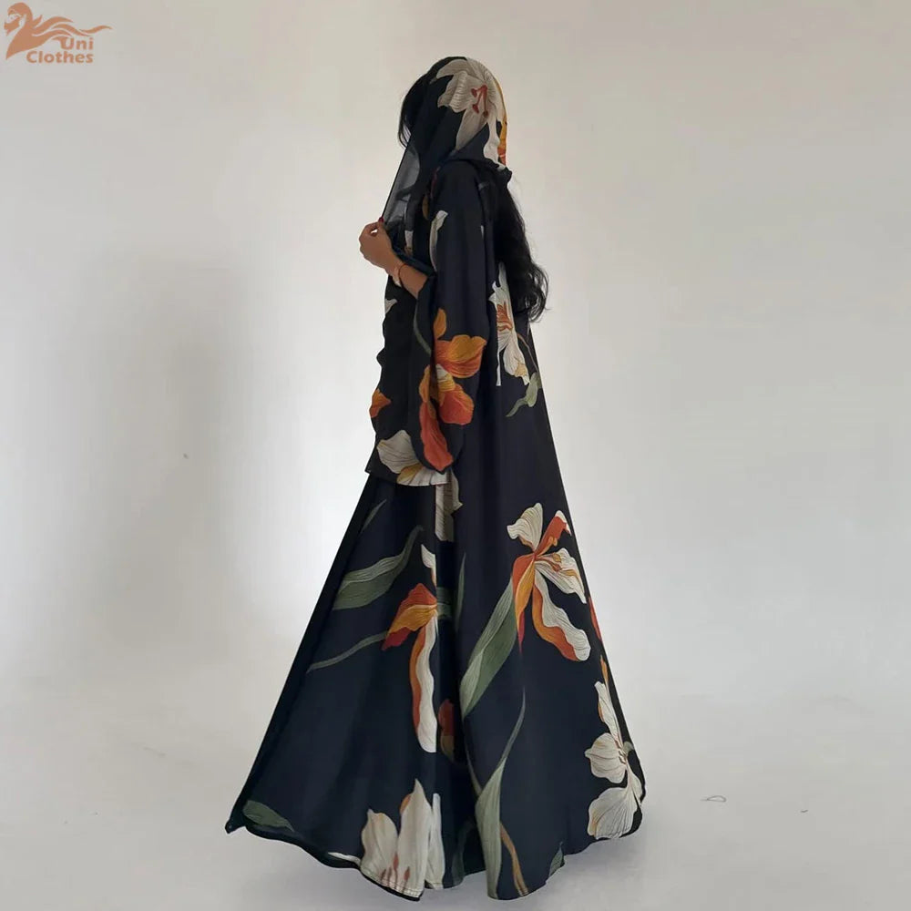 Elariah Women's Floral Print Open Front Abaya with Matching Hijab Scarf – Modest Maxi Cardigan Kaftan, Black Polyester