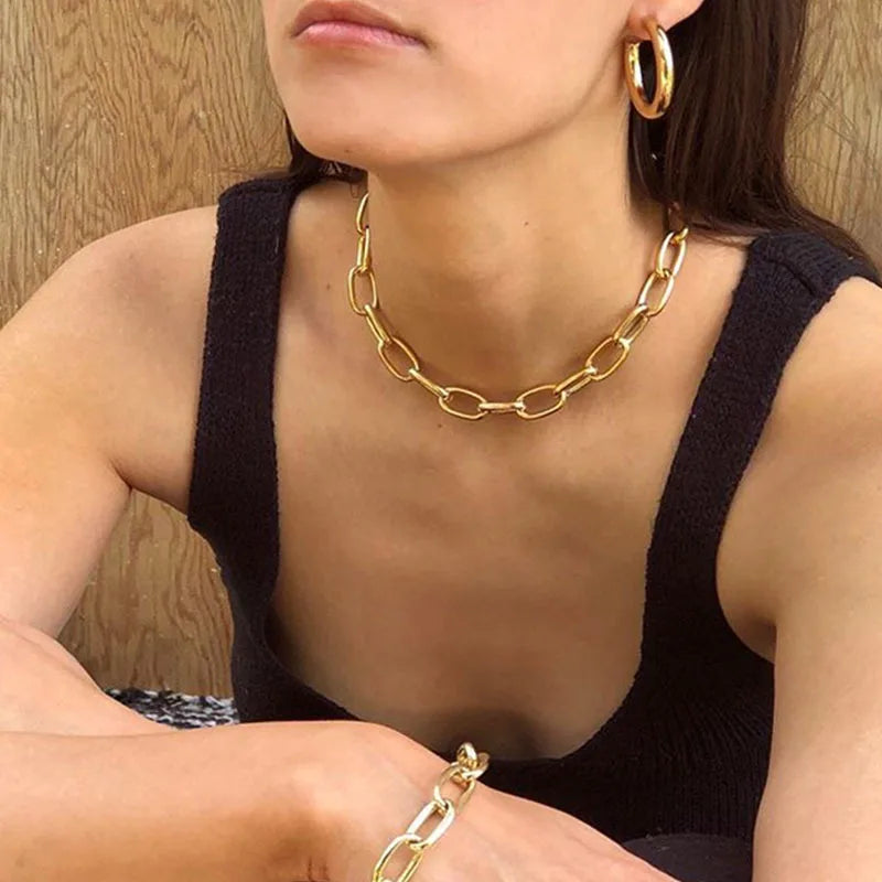 Stainless Steel Thick Chain Necklace – Unisex Punk Choker Jewelry for Women & Men