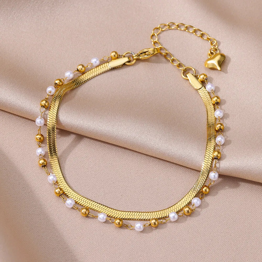 Elariah 18K Gold-Plated Stainless Steel Pearl Anklet for Women – Classic Imitation Pearl Beach Ankle Bracelet