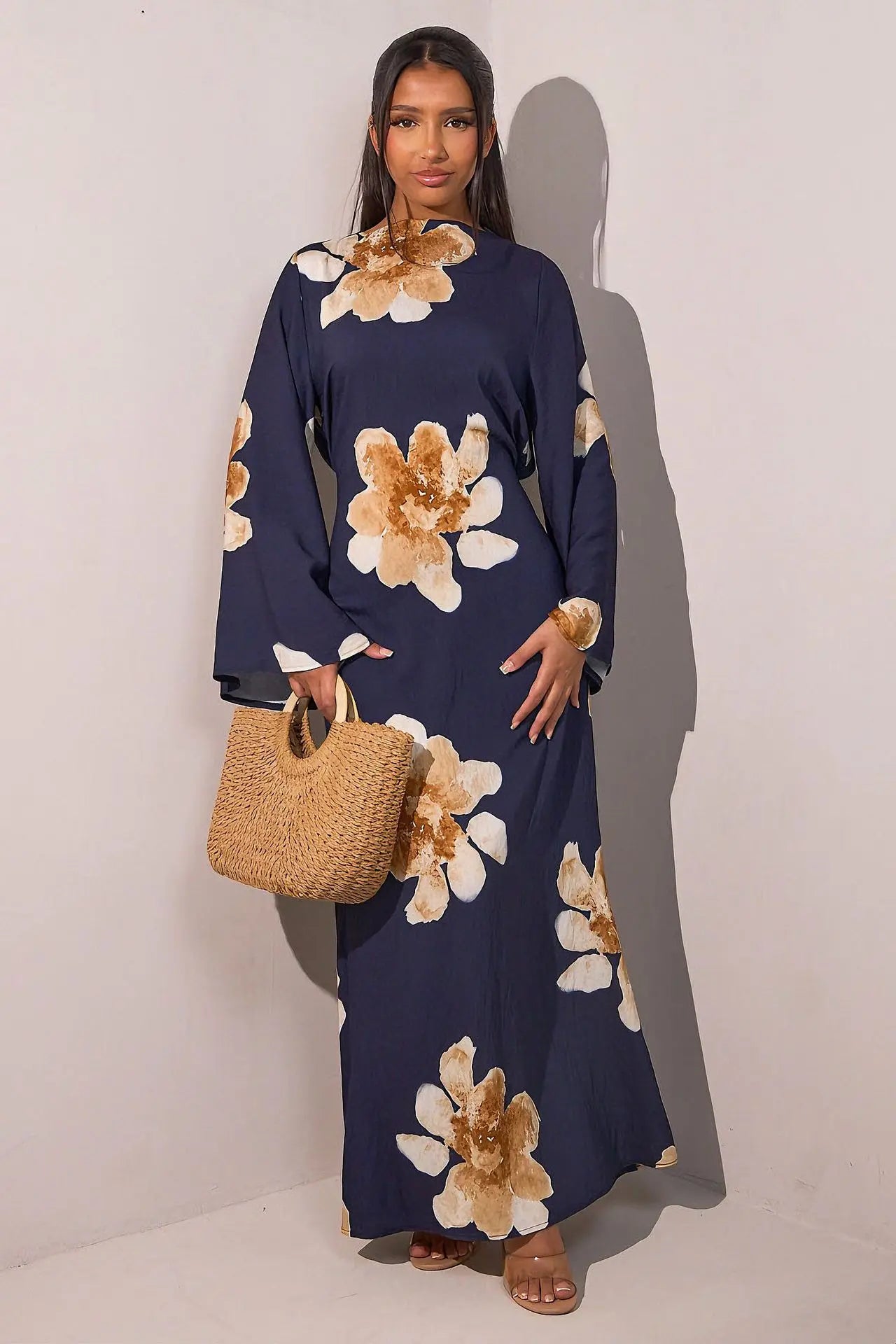 Vestido Abaya modesto con estampado floral Elariah para mujer – Caftán musulmán de manga larga, elegante vestido maxi Jalabiya para Eid, Ramadán y ocasiones especiales
