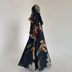 Elariah Women's Floral Print Open Front Abaya with Matching Hijab Scarf – Modest Maxi Cardigan Kaftan, Black Polyester