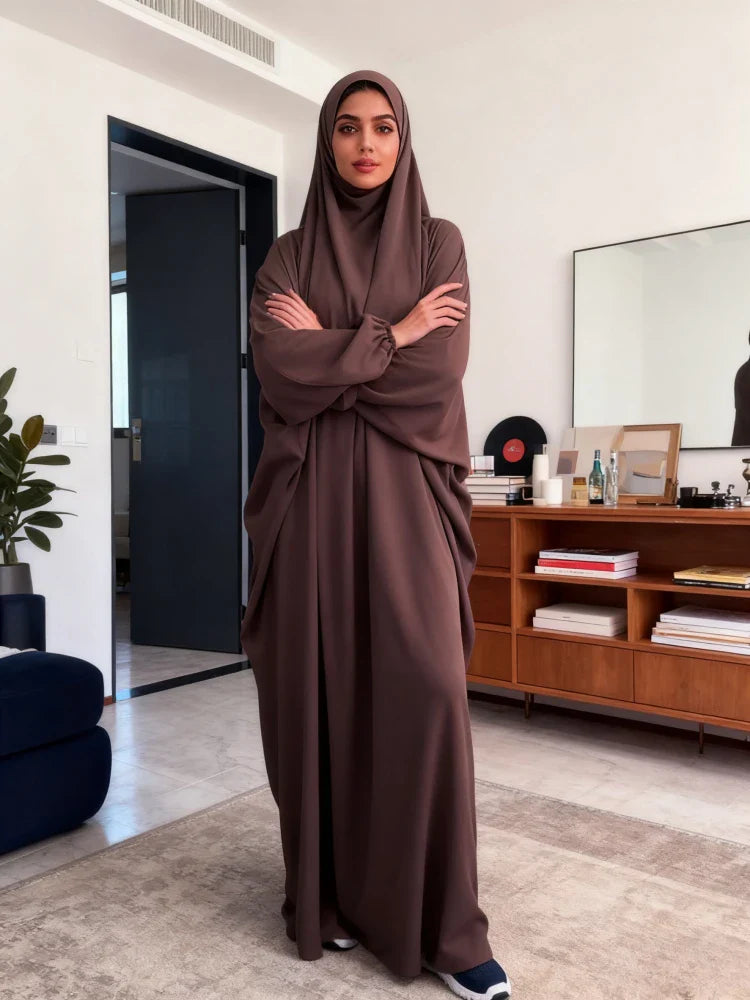 Elariah Women's Hooded Prayer Abaya with Long Khimar Hijab | Modest Islamic Prayer Garment | Loose Fit Nida Fabric