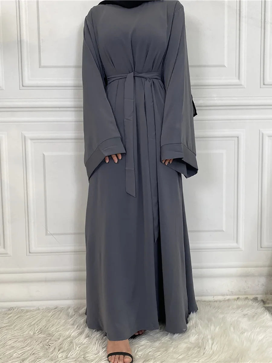 Elegant Modest Maxi Dress with Waist Tie – Long Sleeve Woven Abaya Style Dress for Women (All Season)
