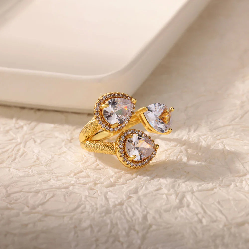 Luxury Gold-Plated Heart Ring with Colorful Zircon Stones – Adjustable Stainless Steel Cocktail Ring for Women