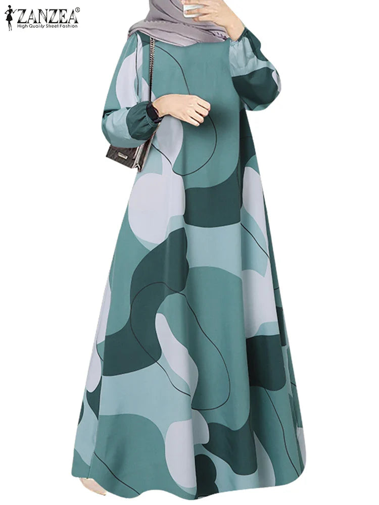 Elariah Women's Printed Maxi Kaftan Dress – Loose Fit Long Sleeve O-Neck Modest A-Line Abaya