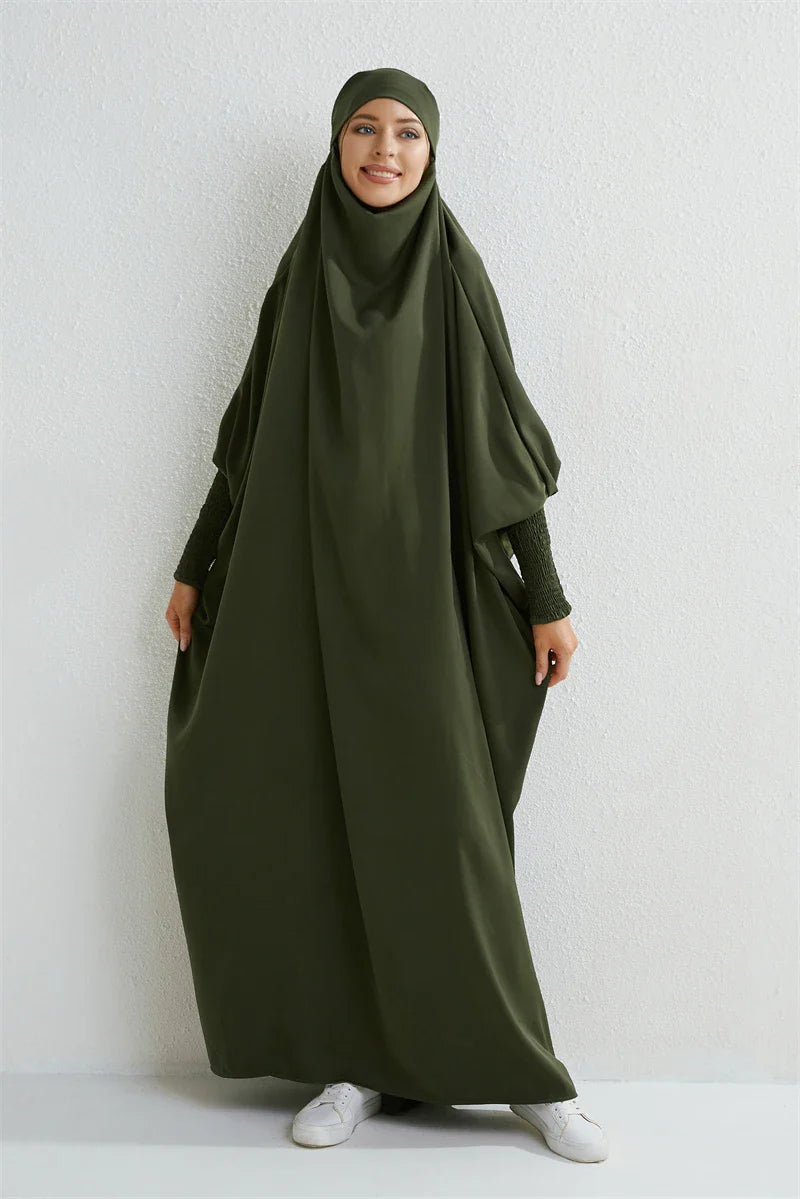 Elariah Hooded Modest Abaya Dress – Loose Fit One-Piece Jilbab with Smocked Sleeves (Black)