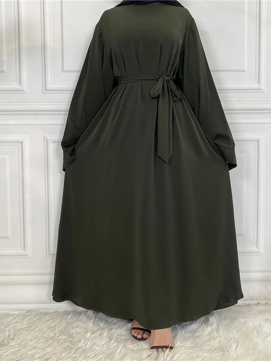 Elegant Modest Maxi Dress with Waist Tie – Long Sleeve Woven Abaya Style Dress for Women (All Season)