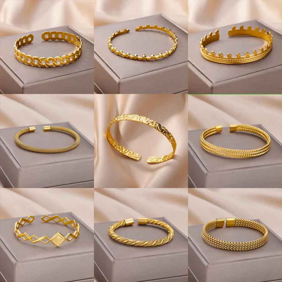 Luxury Adjustable Stainless Steel Bangle Bracelet – Waterproof Gold Cuff Jewelry for Women