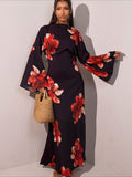 Vestido Abaya modesto con estampado floral Elariah para mujer – Caftán musulmán de manga larga, elegante vestido maxi Jalabiya para Eid, Ramadán y ocasiones especiales