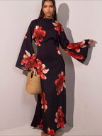 Vestido Abaya modesto con estampado floral Elariah para mujer – Caftán musulmán de manga larga, elegante vestido maxi Jalabiya para Eid, Ramadán y ocasiones especiales
