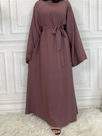 Elegant Modest Maxi Dress with Waist Tie – Long Sleeve Woven Abaya Style Dress for Women (All Season)