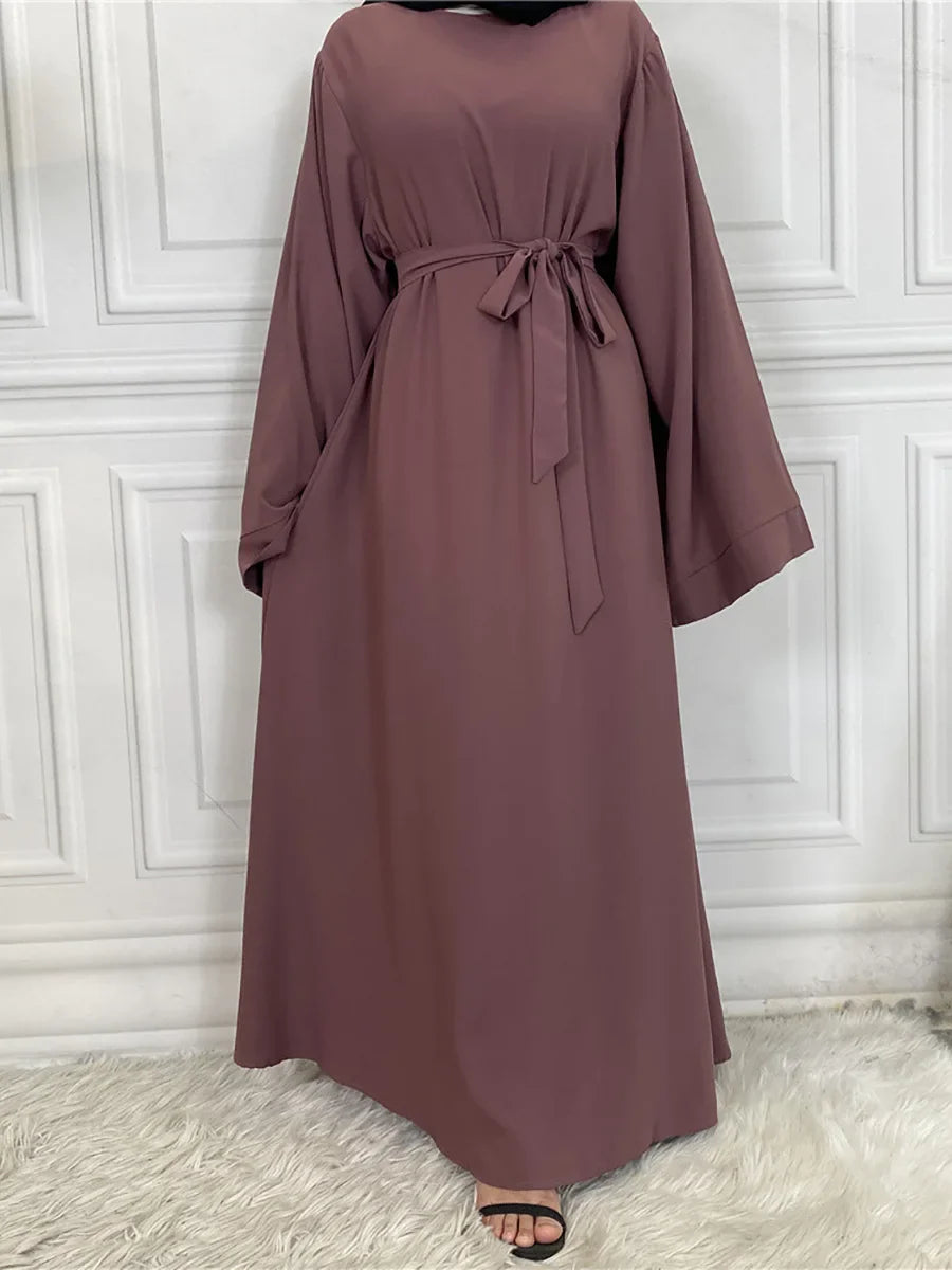 Elegant Modest Maxi Dress with Waist Tie – Long Sleeve Woven Abaya Style Dress for Women (All Season)