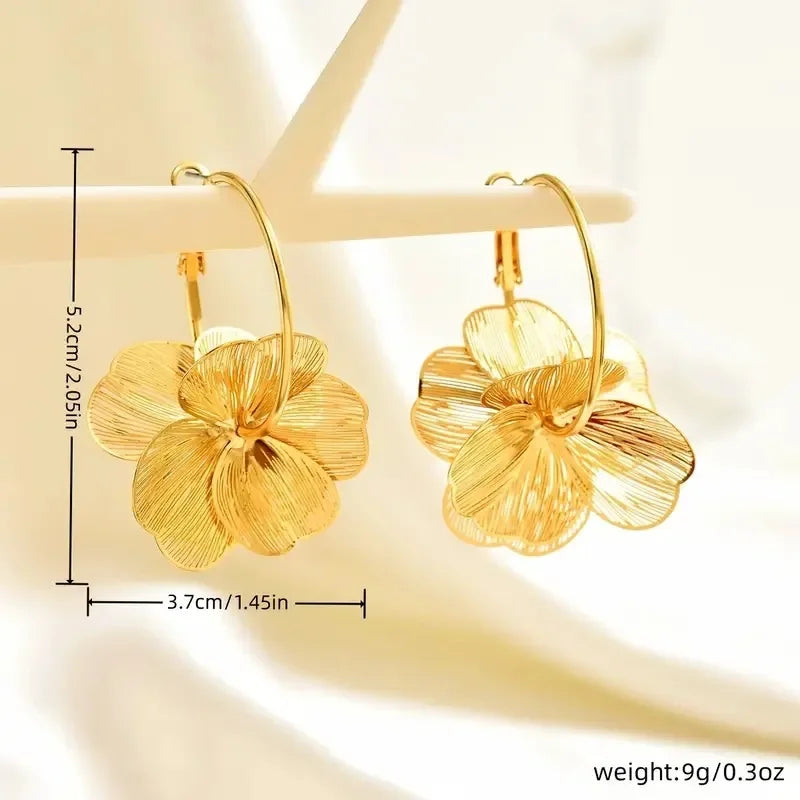 Pendientes de Aro Dobles Dorados con Diseño Floral Hueco – Pendientes Colgantes Étnicos Vintage para Mujer