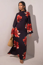 Vestido Abaya modesto con estampado floral Elariah para mujer – Caftán musulmán de manga larga, elegante vestido maxi Jalabiya para Eid, Ramadán y ocasiones especiales